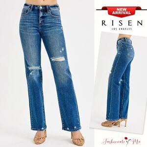 RISEN Tummy Control High Rise Distressed Details Dark Wash Straight Denim Jeans